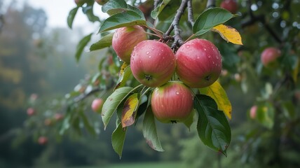 Ripe red apples hanging on a tree branch with water droplets