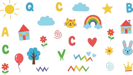 Fototapeta premium Playful Childish Doodles Featuring Rainbow, Letters, Animals and Home On White Background