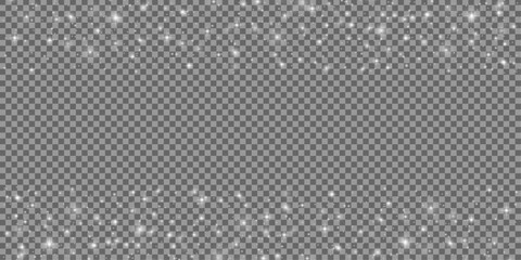 Winter sparkle overlay featuring glowing snow particles and white glitter lights, ideal for Christmas, New Year, and festive designs—transparent vector background for easy, elegant creative use.