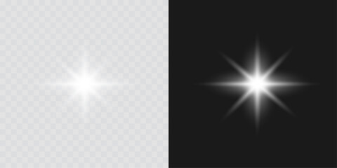 Shining silver star with radiant white glow and sparkling flare effect. Elegant glowing starlight vector perfect for Christmas decorations, festive artwork, and luminous digital light overlay designs.