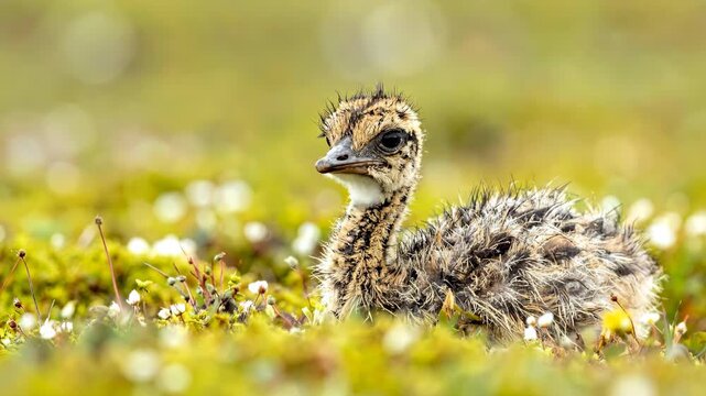 Adorable fluffy chick of a Northern Lapwing bird, Vanellus vanellus, resting in a vibrant green meadow with small white flowers, showcasing its delicate features and natural habitat.