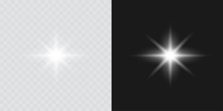 Shining silver star with radiant white glow and sparkling flare effect. Elegant glowing starlight vector perfect for Christmas decorations, festive artwork, and luminous digital light overlay designs.