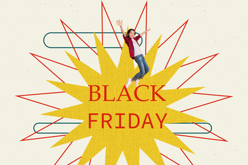 3d sketch poster trend collage image of happy kid boy dance black friday promo consumerism sale addiction bargain mall customer