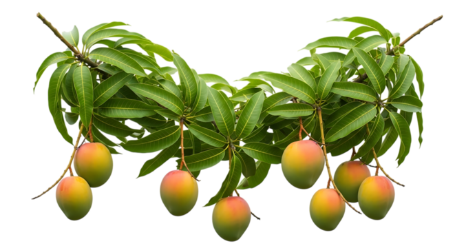 Ripe mangoes, with green leaves on branches, cutout, PNG isolated on white or transparent background