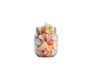 Glass jar filled with colorful marshmallows and cereal isolated on transparent background