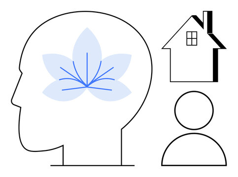 Human head profile with a flower motif symbolizing mindfulness, house outline, and person silhouette. Ideal for concepts thumbs up mental health, home life, self-awareness, simplicity, well-being
