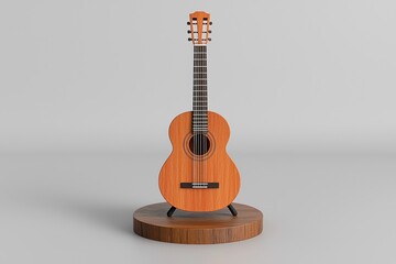 Obraz premium Isolated acoustic guitar standing on a wooden platform against a neutral grey background