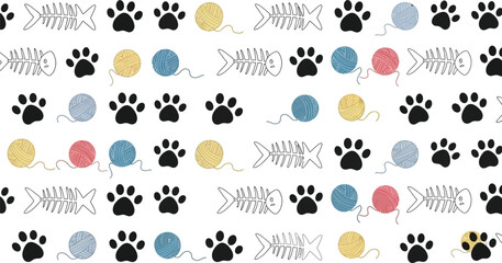 Fototapeta premium Playful Pattern with Cat Paw Prints, Yarn Balls, and Fish Bones on White Backdrop