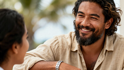 Handsome bearded man with curly hair smiling during a conversation with a woman. Happy couple on a date outdoors. Close-up portrait showing a positive relationship and connection