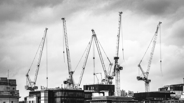 Construction Cranes Over City Skyline in Black and White