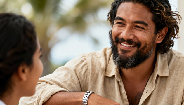 Handsome bearded man with curly hair smiling during a conversation with a woman. Happy couple on a date outdoors. Close-up portrait showing a positive relationship and connection