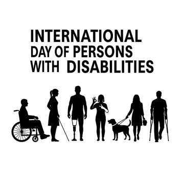 Silhouettes of diverse people with disabilities and service dog