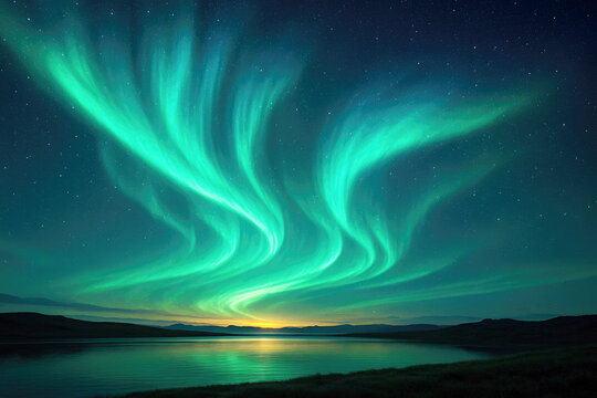 Vibrant green aurora borealis dancing in the night sky over a calm lake and dark landscape northern lights