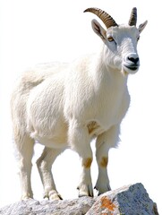 Obraz premium Mountain goat, white fur and small horns, stands on a rocky outcrop, isolated
