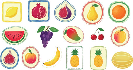 Obraz premium A vibrant collection of assorted fruits, including pomegranate, fig, pear, orange, watermelon, grapes, mango, cherries, peaches, apple, banana, pineapple, and melon, all isolated on a