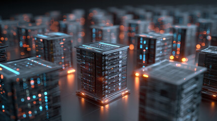 A cluster of futuristic servers glowing with orange lights, representing advanced technology and digital data storage. The image conveys a sense of innovation and cutting-edge processing capabilities