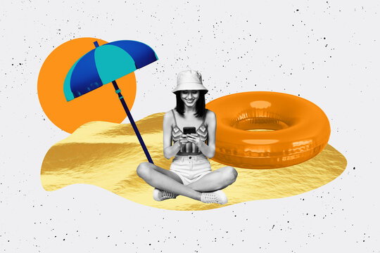 Composite sketch artwork collage of tourist agency travel destination global vacation young lady sit type smartphone umbrella float ring