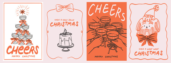 Christmas greeting cards. Elegant Xmas design in trendy retro whimsical hand drawn doodle style with bow and ribbons, frames, champagne, cute dog and cocktails. New year cheers banner, poster, covers.