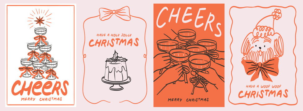 Christmas greeting cards. Elegant Xmas design in trendy retro whimsical hand drawn doodle style with bow and ribbons, frames, champagne, cute dog and cocktails. New year cheers banner, poster, covers.