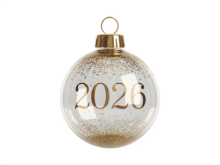 Elegant clear glass christmas ornament with golden 2023 year number and subtle glitter detail isolated on transparent background