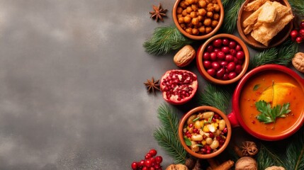 Multicultural Christmas Celebration and Festive Unity, A festive assortment of holiday dishes and ingredients arranged on a rustic background.
