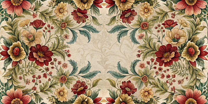 Ornamental wallpaper of vibrant flowers with antique design and colorful blooms arranged in symmetrical pattern against beige backdrop evokes refined elegance for classic home decor