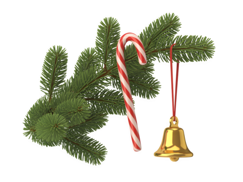 Festive christmas fir branch with a red and white striped candy cane and a golden bell ornament isolated on transparent background
