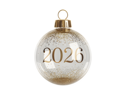 Elegant clear glass christmas ornament with golden 2023 year number and subtle glitter detail isolated on transparent background