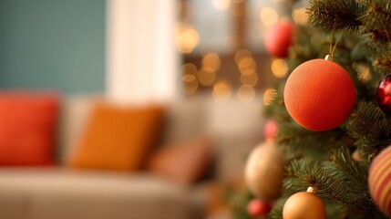 Multicultural Christmas Celebration and Festive Unity, Festive Christmas tree ornaments with a cozy living room background blurred out.