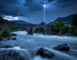 Dramatic storm illuminates ancient bridge over turbulent river.