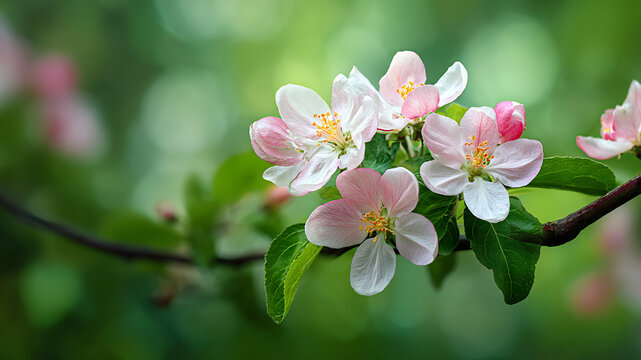 Exquisite Cluster of Pink and White Apple Blossoms on a Branch Against a Soft Green Bokeh