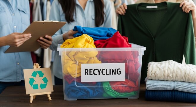 People sorting colorful clothes into a recycling bin for textile donation and sustainable reuse.