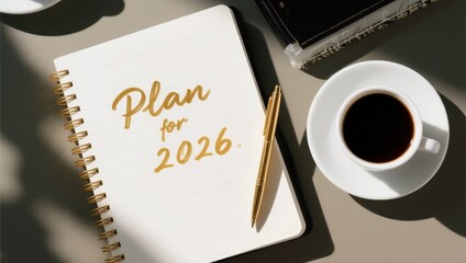 Notebook with a pen and a cup of coffee on top of it with the words "Plan for 2026"