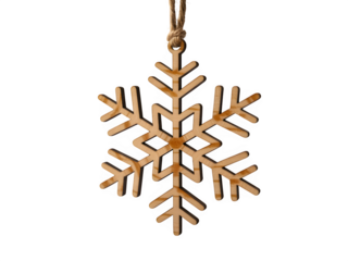 Elegant golden snowflake ornament with intricate geometric patterns hanging isolated on transparent background