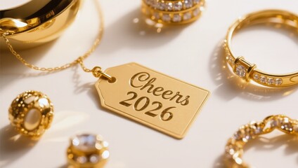 Collection of jewelry and a tag that says "Cheers 2026" on it