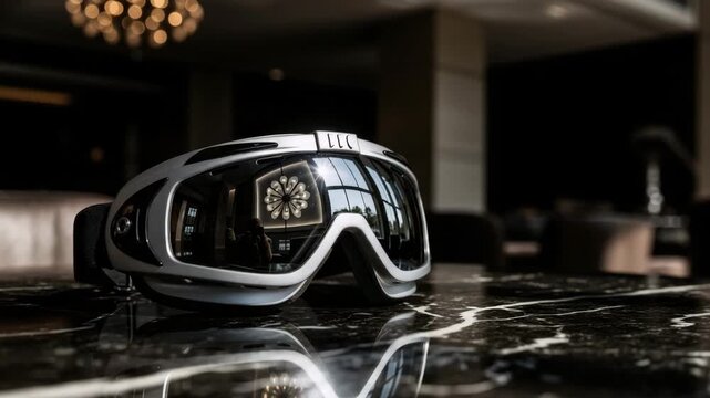 Modern ski goggles with a reflective lens on a black marble table. Close-up of luxury winter sports equipment in a high-end interior. Premium product advertising concept