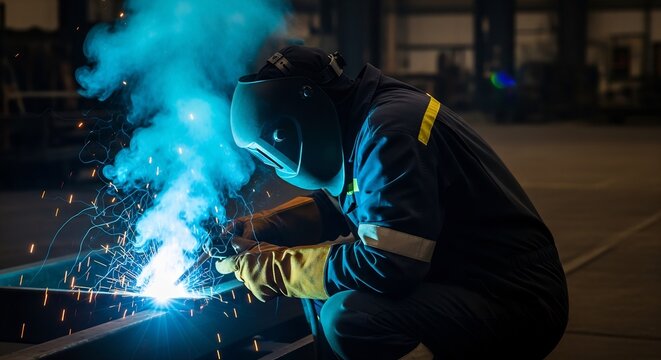 Professional welder working with metal structure in a dark industrial factory generating bright blue sparks and smoke.