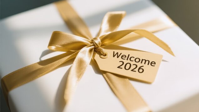 Gold ribbon is tied around a white box with a tag that says "Welcome 2026" - Powered by Adobe