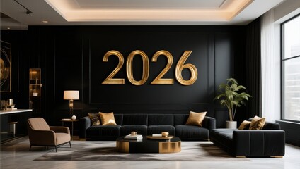 Black room with a gold framed sign that says "2026" on it