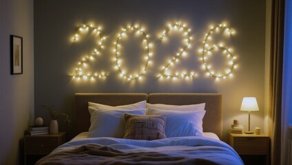 Bed with lights on the wall that spell out the year 2026