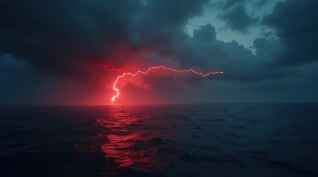 A red distress flare streaking across a dark, stormy ocean at night
