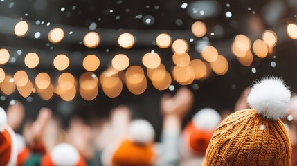 Multicultural Christmas Celebration and Festive Unity, Festive atmosphere with warm lights and cheerful hats in a lively gathering.