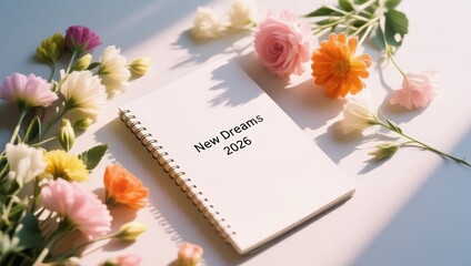 Fresh Notebook Surrounded by Colorful Flowers for New Beginnings