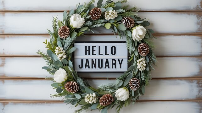Decorative wreath with white flowers and pine cones announces hello january - Powered by Adobe