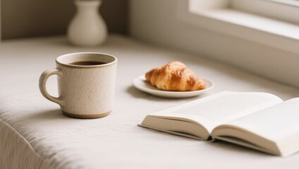 Cozy Morning Scene with Coffee, Croissant, and Open Book