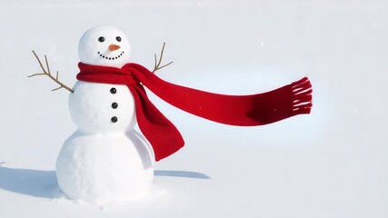 A cute animated snowman with a red scarf blowing in the wind. Festive character in a snowy winter landscape. Christmas holiday greeting animation with copy space for text - Powered by Adobe