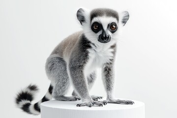 Obraz premium Ring-tailed lemur with distinctive black & white tail, on a white platform