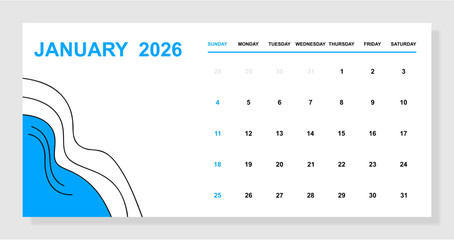 Modern January 2026 Calendar Template - Minimalist Design with Wavy Blue Abstract Vector