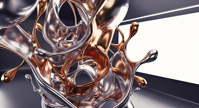A captivating splash of molten gold and silver creates a dynamic abstract form