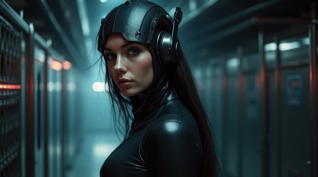 A sleek female spy in a catsuit rappelling silently into a vault with laser security beams
